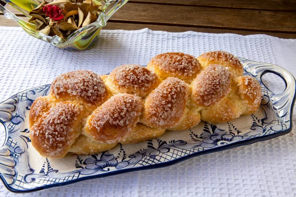 Söt Twist Bröd Typiskt För Brasilianska Bageri Skålen Dekorerad Blått — Stockfoto