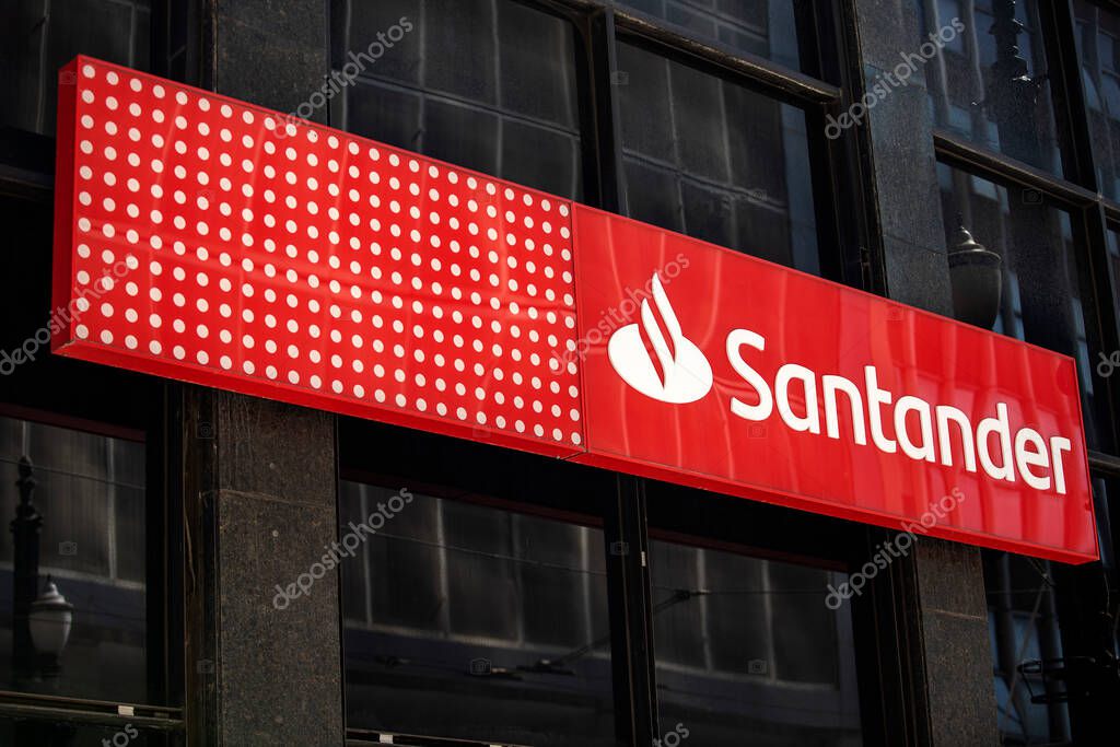 Sao Paulo, Brazil - May 03, 2021 - Logo of Santander, a Spanish multinational commercial bank and financial services company on downtown Sao Paulo, BRazil