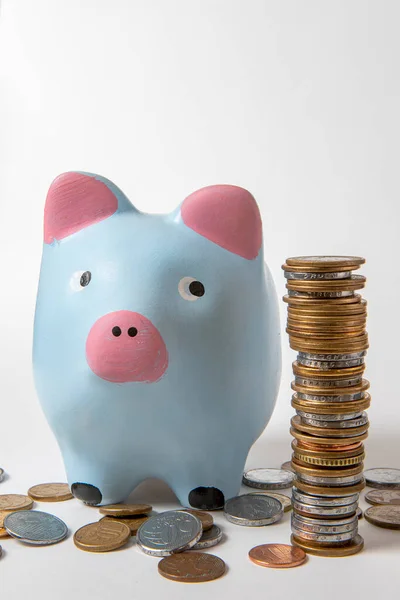 Pink Blue Piggy Bank Looking Pile Money Coins Isolated White — Stock Photo, Image