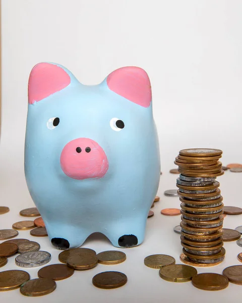 Pink Blue Piggy Bank Looking Pile Money Coins Isolated White — Stock Photo, Image