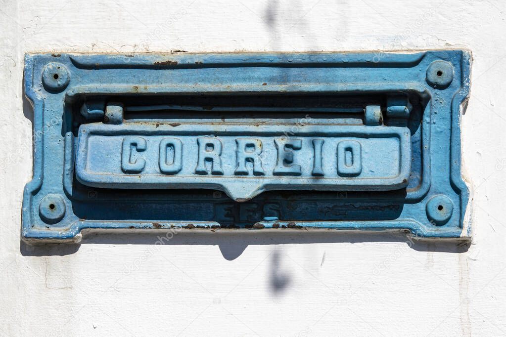 Vintage Brazilian mailbox marked Correio (mail) in colonial city of Santana do Parnaiba, Sao Paulo state, Brazil