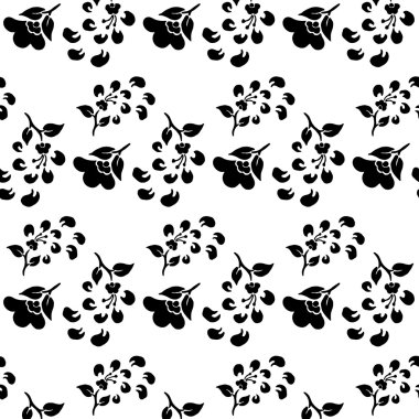 çiçek ve düşen yaprakları siyah beyaz seamless modeli