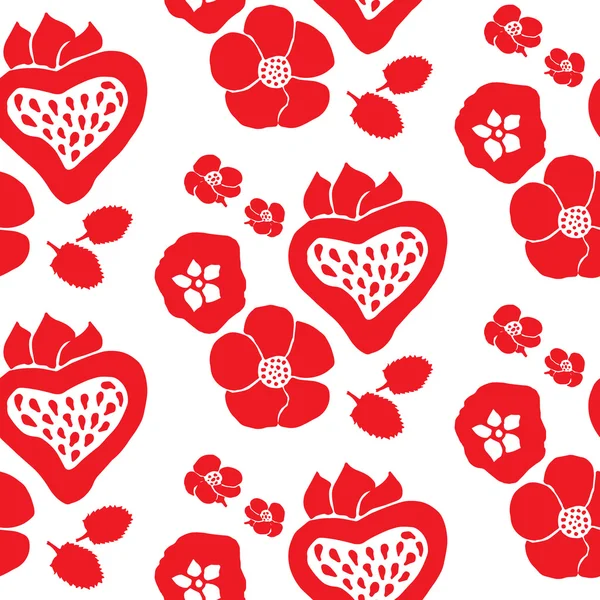 Strawberries and flowers - seamless pattern. — Stock Vector