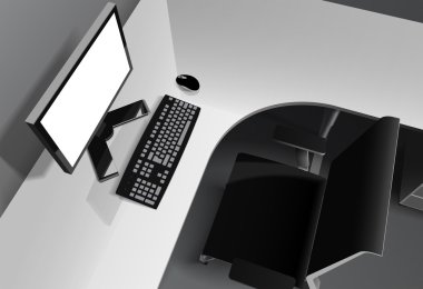 Modern office with computer on desk and black chair clipart