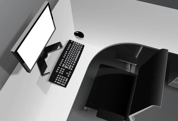 Escritório moderno com computador na mesa e cadeira preta — Vetor de Stock