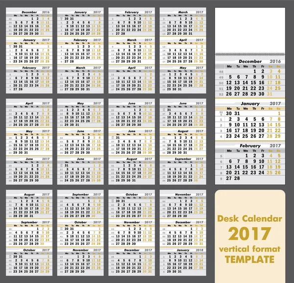 Calendar for 2017 year. Vector Template. set 12 months — Stock Vector