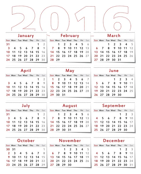 Calendario 2016 año — Vector de stock