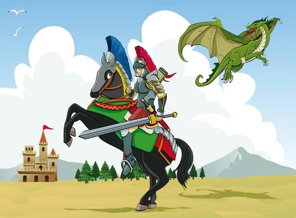 漫画のイラスト 空飛ぶ龍剣の騎士を脅かす 背景にある木や古城 — ストック写真