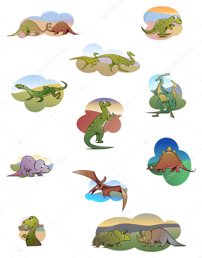 Cartoon style illustration - Collection of funny cute dinosaurs