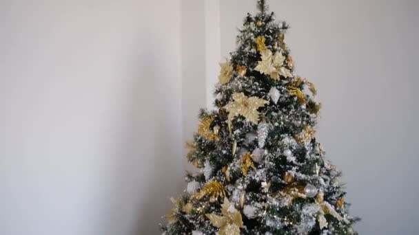 Christmas tree decorations in the room. Amazing flashing garland radiating christmas spirits and mood. Room with christmas and new year interior decoration. Decorated green tree. — Stock Footage Christmas tree decorations in the room. Amazing flashing garland radiating christmas spirits and mood. Room with christmas and new year interior decoration. Decorated green tree. Royalty Free Stock Footage