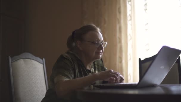 Abuela en los auriculares emocionalmente habla a través de Skype, se quita los auriculares y golpea portátil — Vídeo de stock