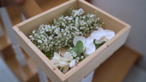 Foto ravvicinata di graziosi fiori nella scatola di legno. Piccoli fiori bianchi. Tenero pezzo di arredamento. Filmato Stock Royalty Free