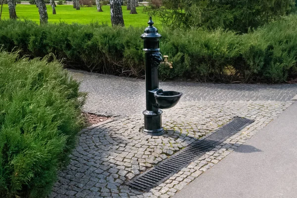 Kharkiv, Ukraine - 27 avril 2021. Fontaine avec eau potable claire sur l'une des ruelles de Central Park — Photo