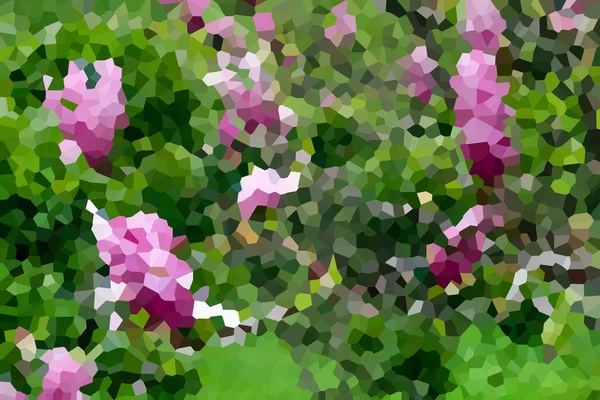 Stained glass. Blurred silhouette of pink flowers and green foliage — 스톡 사진