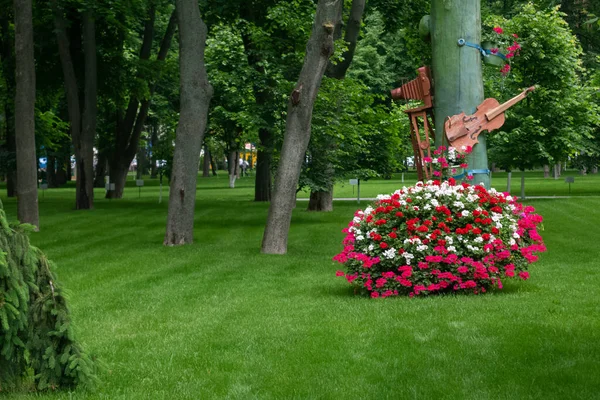Kharkiv, Ukraine - 6 juin 2021. Compilation de beaux pétunias colorés avec violon en bois et appareil photo vintage. Pelouse verte avec des arbres. Central Park — Photo