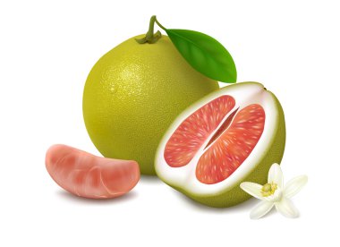 Beyaz zemin üzerine kırmızı hamuru ile yeşil pomelo meyve