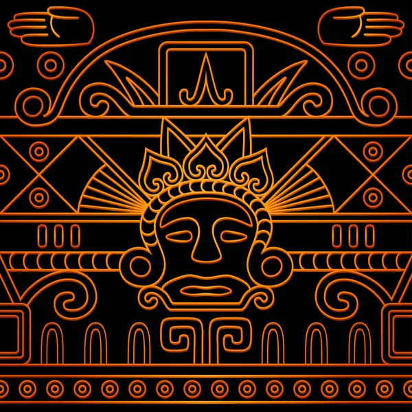Ancient Aztec Calendar Inspired Seamless Pattern Tribal Golden Line Black — Stock Vector