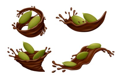 Çikolatalı kabak tohumları, beyaz arka planda izole edilmiş damlalar. Gerçekçi vektör illüstrasyonu.
