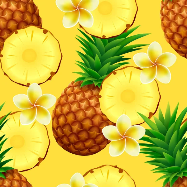 Tropisch Naadloos Patroon Met Hele Ananas Plakjes Plumeria Frangipani Bloemen — Stockvector