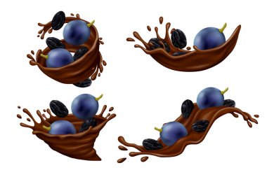 Çikolatada mavi üzüm ve siyah kuru üzümler beyaz arka planda izole edilmiş damlalar. Gerçekçi vektör illüstrasyonu.