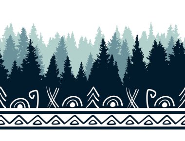 Kuzey ladin ormanı bir sis ve etnik süs sınırları içinde. Vektör illüstrasyonu.