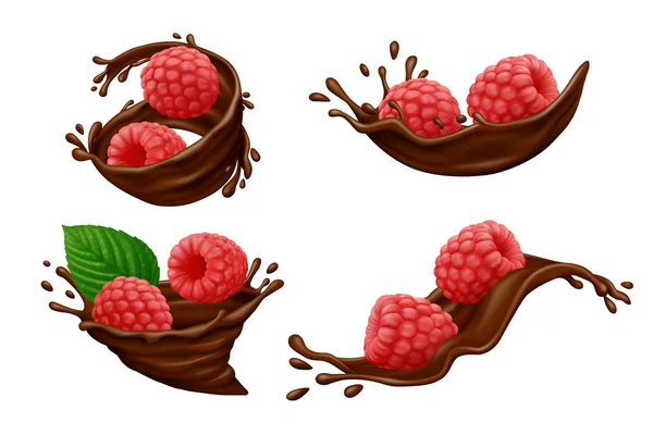 Coklat Percikan Dengan Buah Raspberry Merah Dan Daun Hijau Terisolasi - Stok Vektor