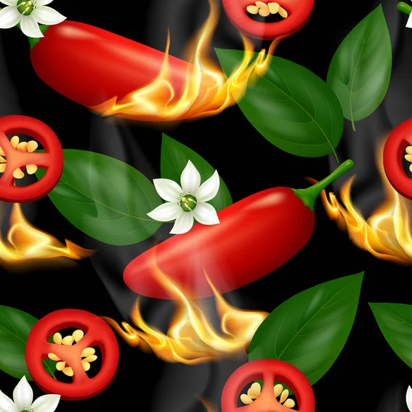 Zökkenőmentes Minta Piros Jalapeo Chili Paprika Hüvelyek Szeletek Fehér Virágok — Stock Vector