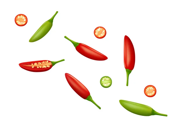 Scattered Green Red Bird Eye Chili Peppers Halved Pod Slices — Stock Vector