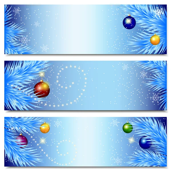 Arrière-plans horizontaux Nouvel An bleu clair avec arbre de Noël et boules de Noël — Image vectorielle