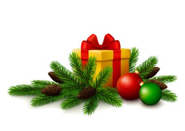 Köknar ağaç dalları ve beyaz arka plan üzerinde Noel topları ile Noel hediye.