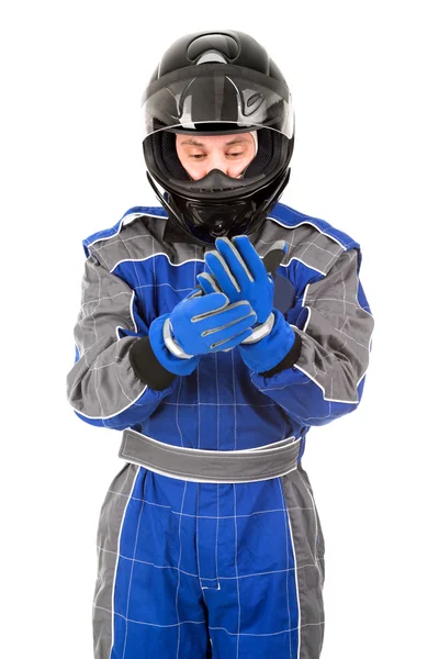 Het dragen van de helm autocoureur — Stockfoto