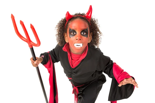 Criança em traje de diabo Halloween — Fotografia de Stock