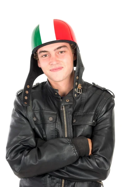 Dospívající chlapec nošení Motorkářská helma — Stock fotografie