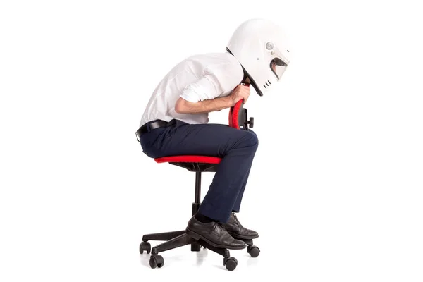 Homme Affaires Course Dans Une Chaise Bureau Avec Casque Isolé — Photo