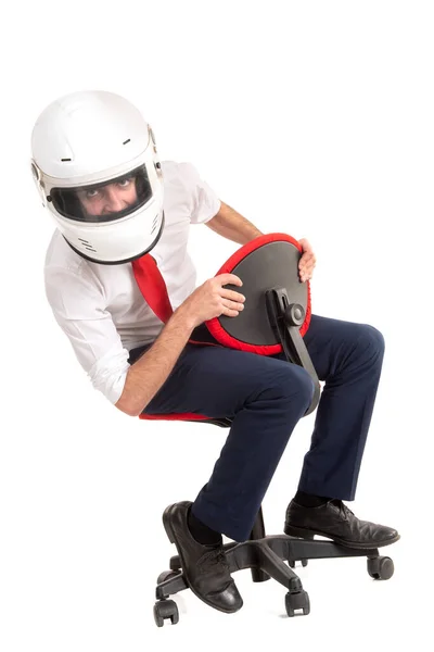 Zakenman Racen Een Stoel Met Helm Geïsoleerd Het Wit — Stockfoto