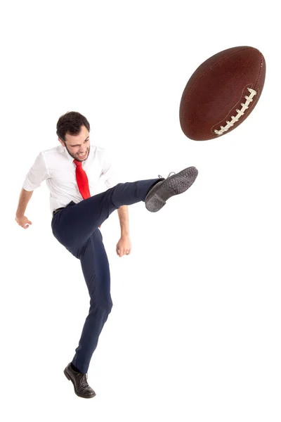 Empresario Pateando Pelota Fútbol Americano Pelota Rugby Aislado Blanco —  Fotos de Stock