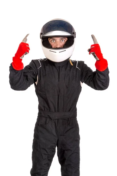 Motorista Corrida Vitorioso Posando Com Capacete Isolado Branco — Fotografia de Stock