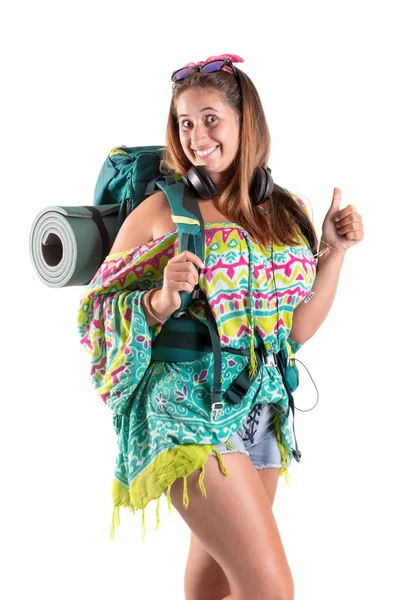 Menina Caminhante Feliz Com Mochila Isolada Branco Trekking Conceito Estilo — Fotografia de Stock