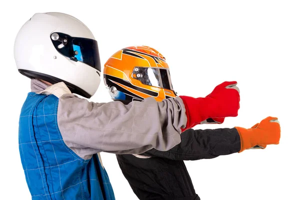 Racing Chauffeurs Poseren Met Helmen Geïsoleerd Het Wit — Stockfoto
