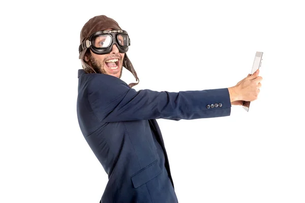 Businessman Pilot Goggles Tablet Isolated White — Stock Photo, Image