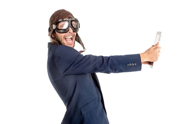 Geschäftsmann Mit Pilotenbrille Und Tablet Isoliert Weiß — Stockfoto