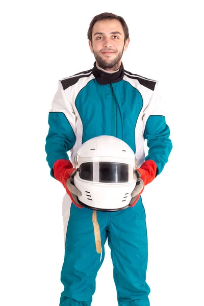 Kierowca Wyścigowy Pozowanie Kasku Izolowane Kolorze Białym — Zdjęcie stockowe