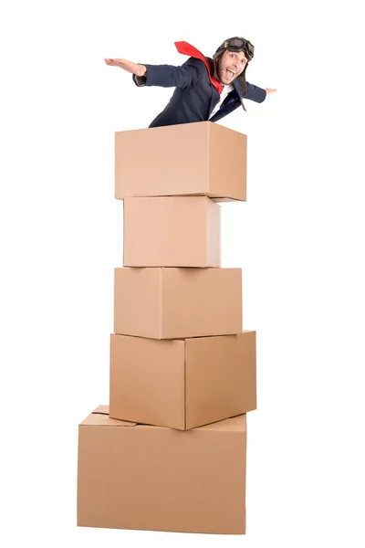 Businessman Flying Carboard Boxes Isolated White — Stock Photo, Image