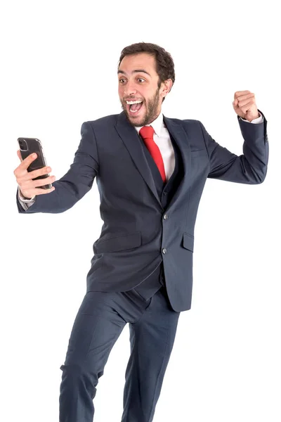 Счастливый Бизнесмен Биржевой Брокер Мобильного Телефона — стоковое фото