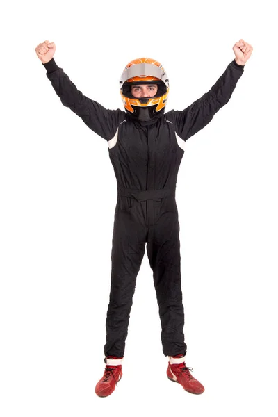 Victorioso Piloto Carreras Posando Con Casco Aislado Blanco — Foto de Stock