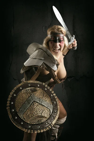 Ancient Woman Warrior Gladiator Posing Sword Shield Isolated Dark Background — Stock Photo, Image