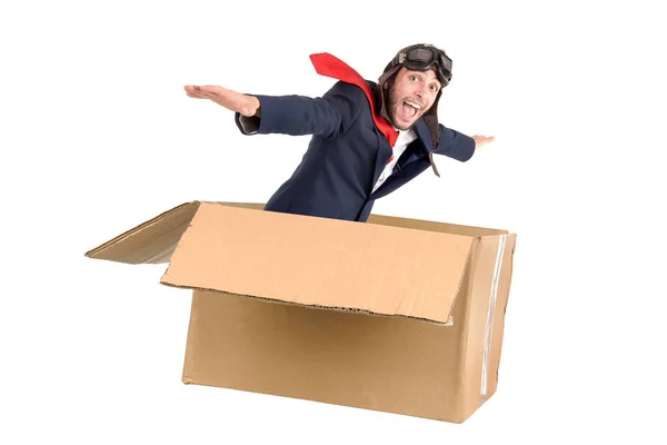 Empresário Voando Uma Caixa Papelão Isolado Branco — Fotografia de Stock