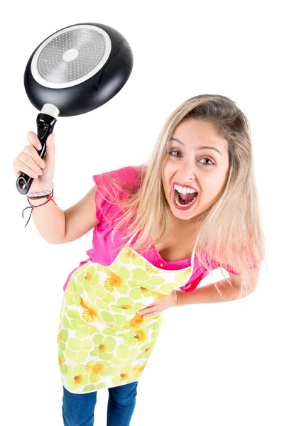 Woman with frying pan — Stock Photo, Image