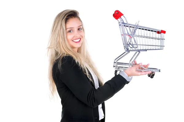 Empresária com carrinho de compras — Fotografia de Stock