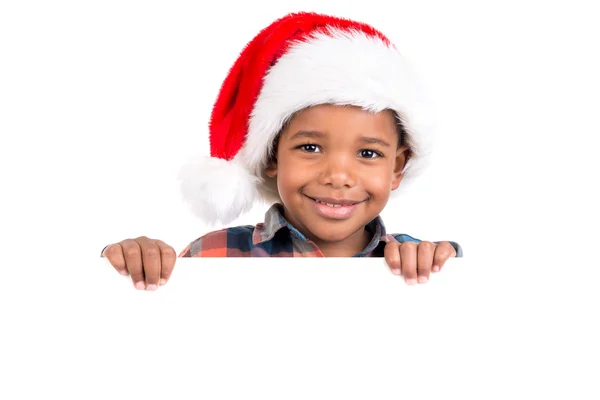 Menino de Natal com placa branca — Fotografia de Stock